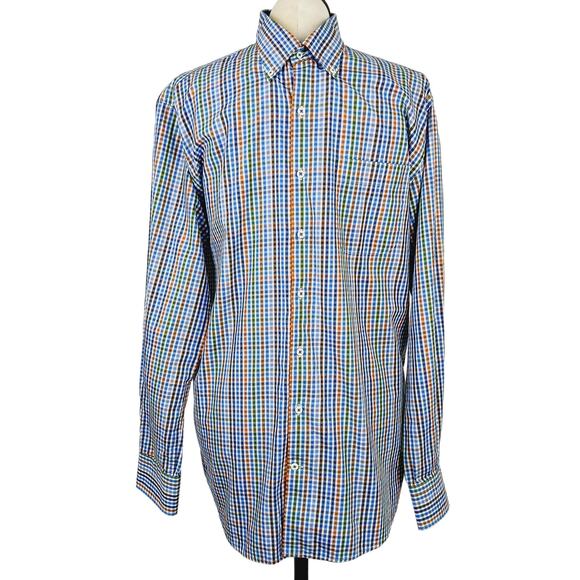 Peter Millar SZ L 100% Cotton Blue Orange Green White Check Button Down Shirt - Picture 2 of 7
